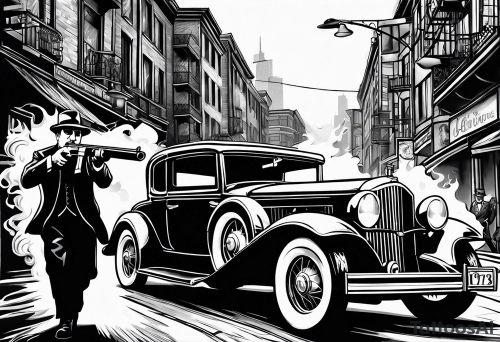 Al Capone style gangsters fighting with machine guns, set with a 1930s city street background, include a 1930's car in the background , flames and and smoke tattoo idea