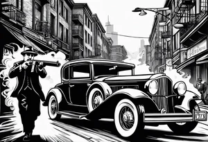 Al Capone style gangsters fighting with machine guns, set with a 1930s city street background, include a 1930's car in the background , flames and and smoke tattoo idea