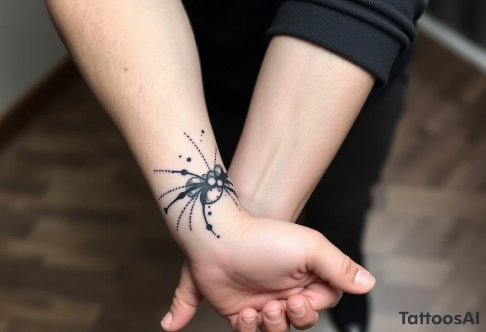 Abstract black line tattoo for a male, inner forearm and elbow area.
Broken, segmented flowing lines, sharp turns, mechanical rhythm, subtle dot accents.
Not delicate, not ornamental, technical and controlled motion.
Black ink only, no shading, photo-accurate tattoo design. tattoo idea