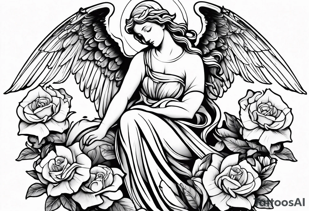 Simple Angel statue stood on a rock with daffodils and roses wrapped around its legs tattoo idea