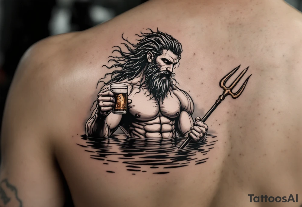 young, fit poseidon in calm water, holding a trident, holding a beer, looking in your eyes tattoo idea
