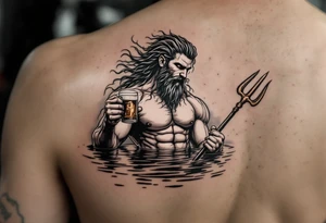 young, fit poseidon in calm water, holding a trident, holding a beer, looking in your eyes tattoo idea