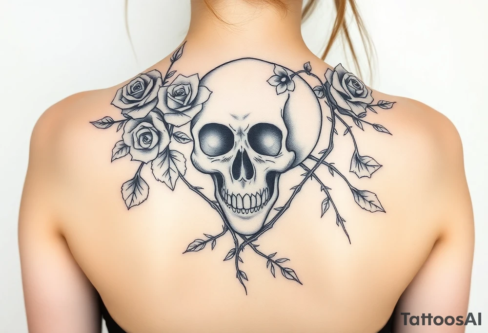 gothic skull intertwined with climbing roses and thorny vines tattoo idea