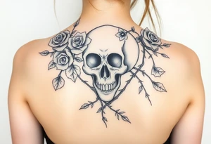 gothic skull intertwined with climbing roses and thorny vines tattoo idea