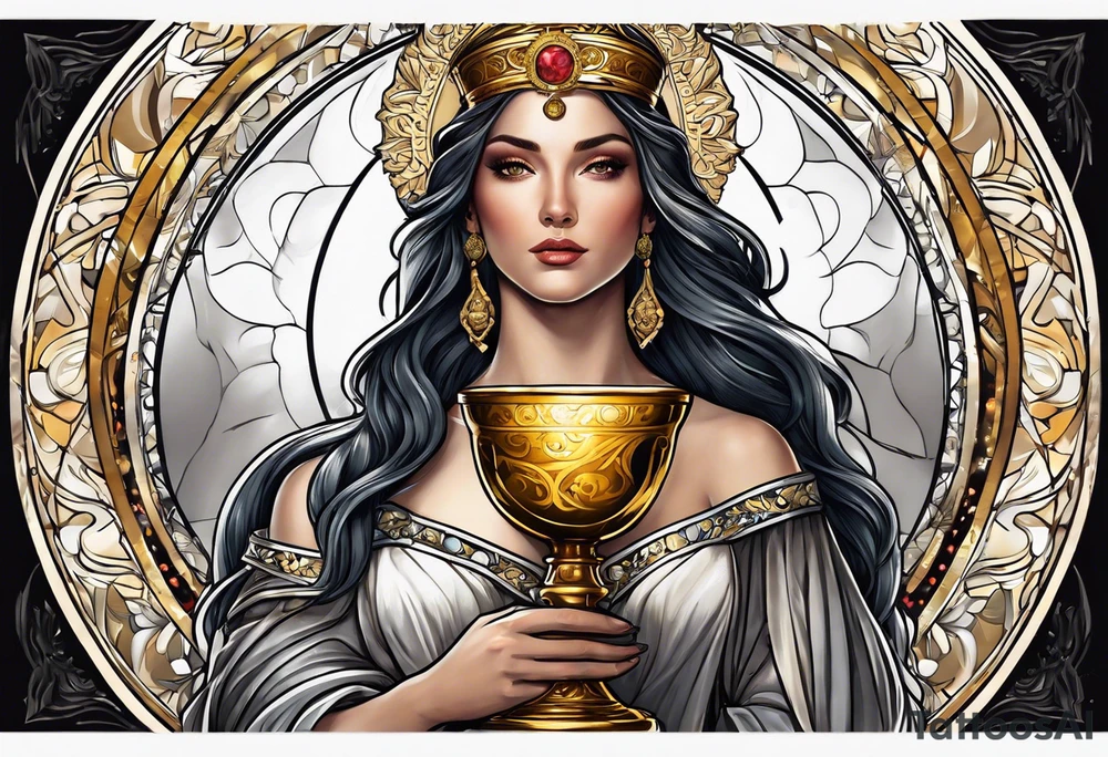 woman saint holding chalice surrounded by golden halo portrait tattoo idea