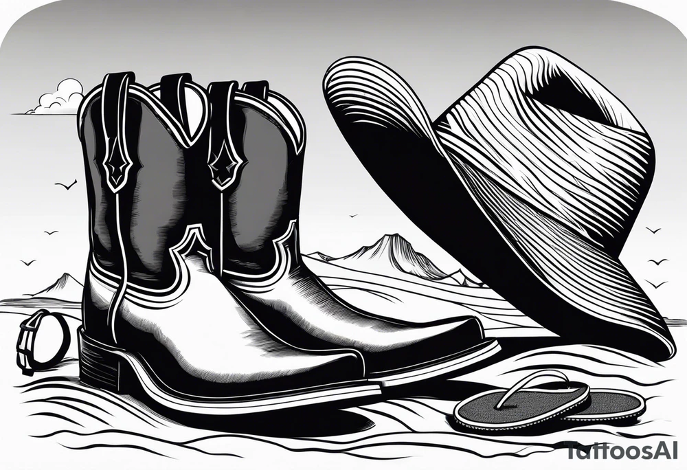 A pair of mens boots, a pair of flip flops and a cowboyhat on the Beach. Keep it simple tattoo idea