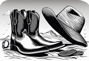 A pair of mens boots, a pair of flip flops and a cowboyhat on the Beach. Keep it simple tattoo idea