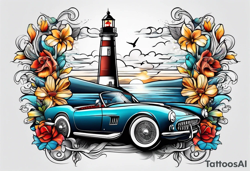 Fast car
Lighthouse 
Airplanes 
Flowers 
Ocean tattoo idea