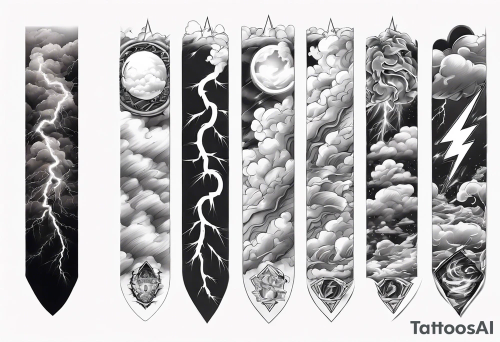 forearm sleeve lightning and clouds pattern tattoo idea