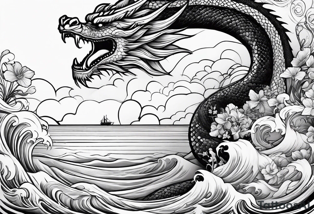 create me a tattoo with a dragon on a wave and a feild of violets and a man and a child walking together tattoo idea