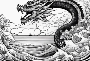 create me a tattoo with a dragon on a wave and a feild of violets and a man and a child walking together tattoo idea