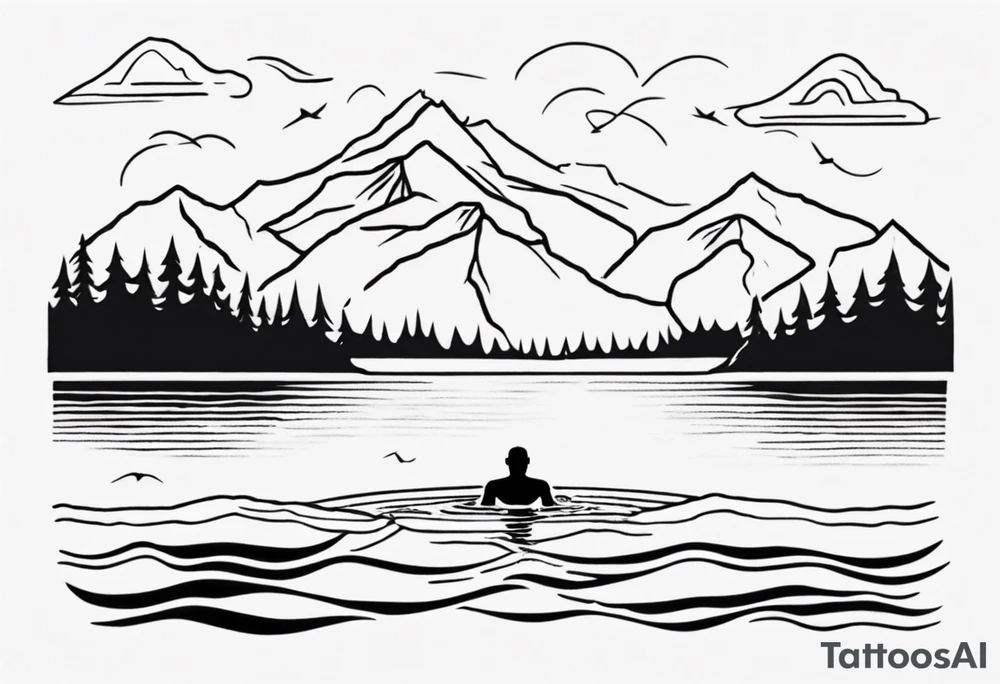 man swimming in lake. minimalist tattoo. No mountains in the background, not a lot of details tattoo idea