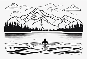 man swimming in lake. minimalist tattoo. No mountains in the background, not a lot of details tattoo idea