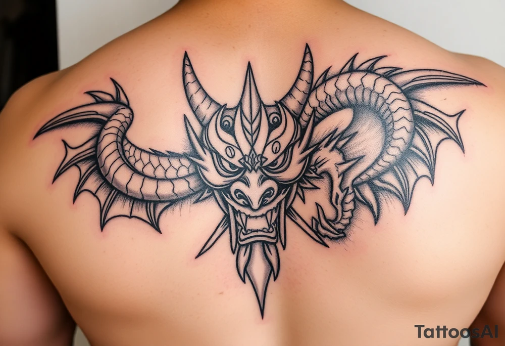 Divine dragon destroying a evil oni mask tattoo idea