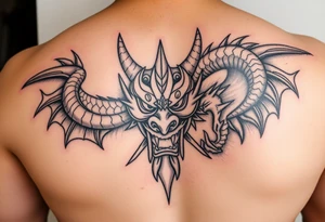 Divine dragon destroying a evil oni mask tattoo idea