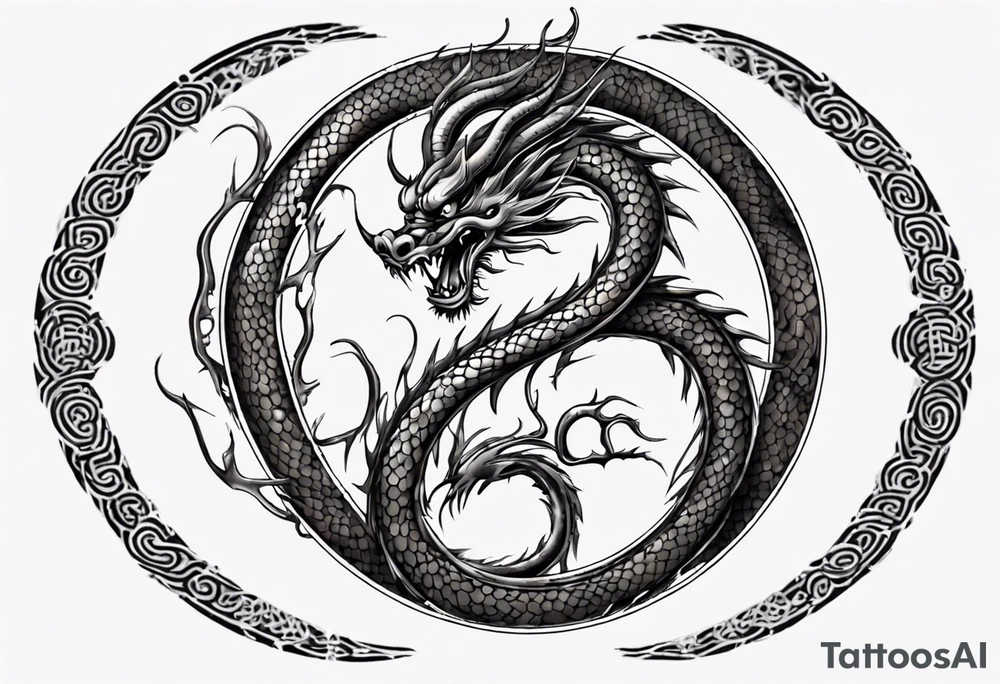 Chinese dragon in a circular shape with "02.03" written on its skin tattoo idea