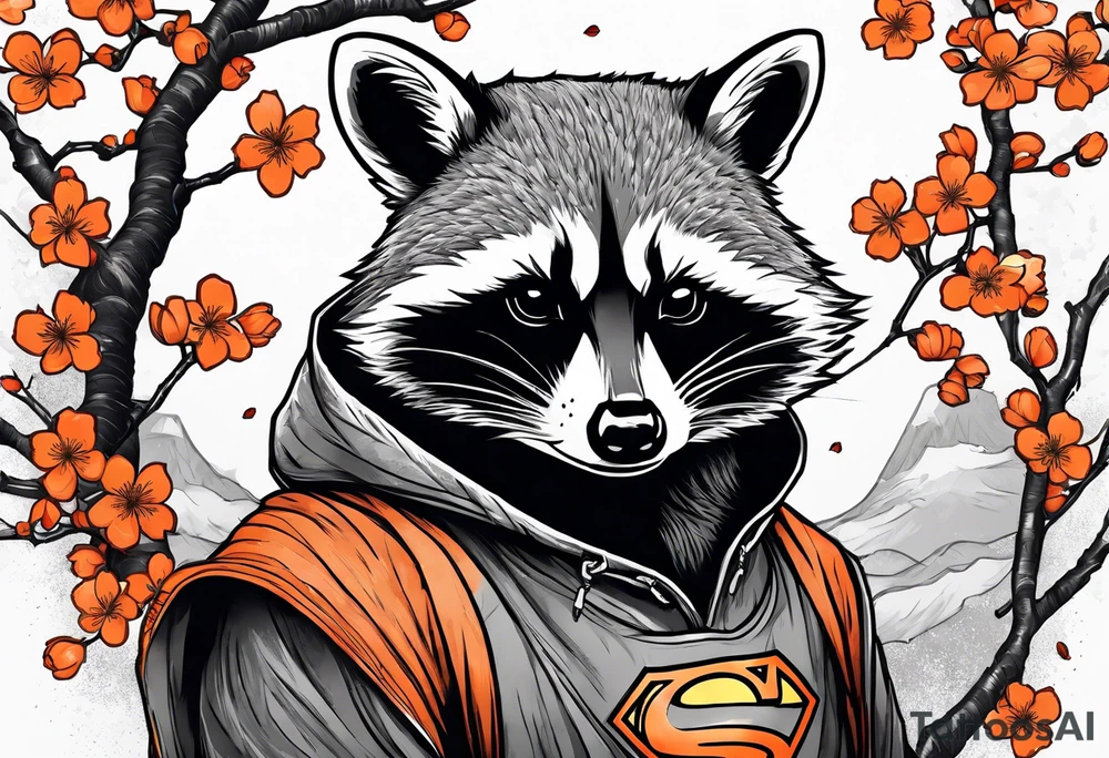 raccoon wearing a Superman hoodie with orange Japanese cherry blossoms tattoo idea