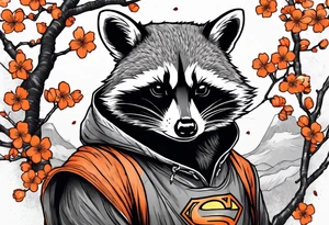 raccoon wearing a Superman hoodie with orange Japanese cherry blossoms tattoo idea