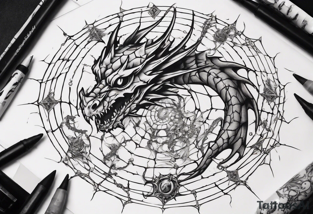 Dragon in a spiral spiderweb with jewels and shattered chalices and one spider tattoo idea