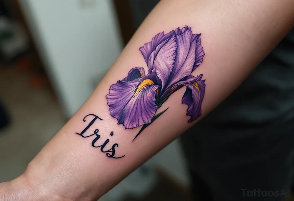 big purple flower with the name “IRIS” written in the stem of the flower in cursive on the outside of the forearm tattoo idea