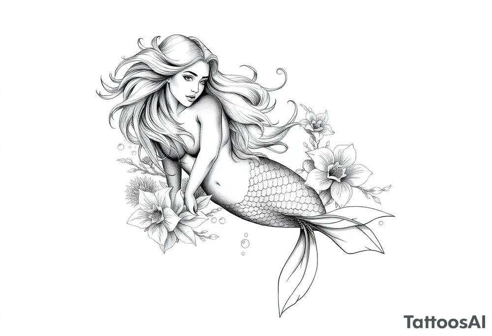 ethereal mermaid with flowing hair among coral and sea flowers tattoo idea