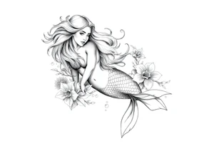 ethereal mermaid with flowing hair among coral and sea flowers tattoo idea