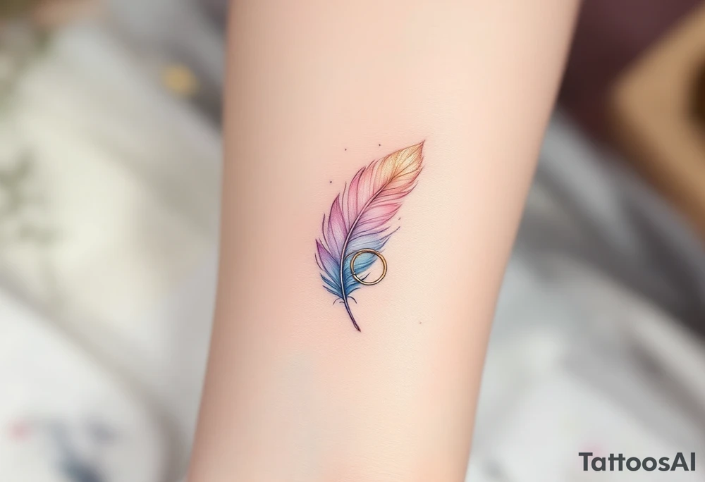 A delicate feather with soft watercolor shades of blush pink, lavender, and light gold, gently floating across the skin, with the quill end elegantly transforming into two intertwined wedding rings. The soft, feathered strokes gradually fade into a light mist, symbolizing lightness, freedom, and the enduring beauty of love. tattoo idea