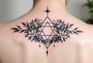 Small Feminine simple Dotted Line hexagon with Leo astrological symbol surrounded by larkspurs and water lilies tattoo idea