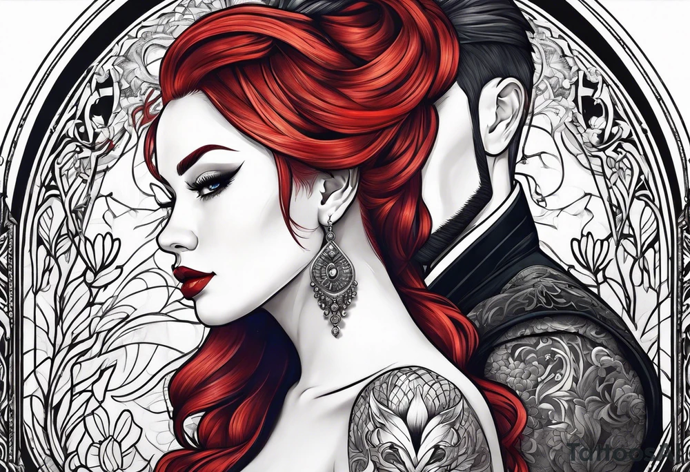 Busty Red haired woman with black haired bearded man tattoo idea