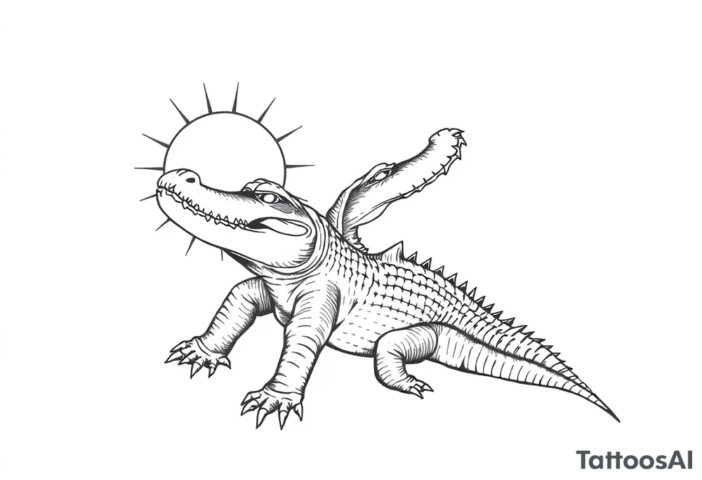 can I have the gator positioned vertically to the left of the sun with the sun on the right . the gator should have its full body tattoo idea