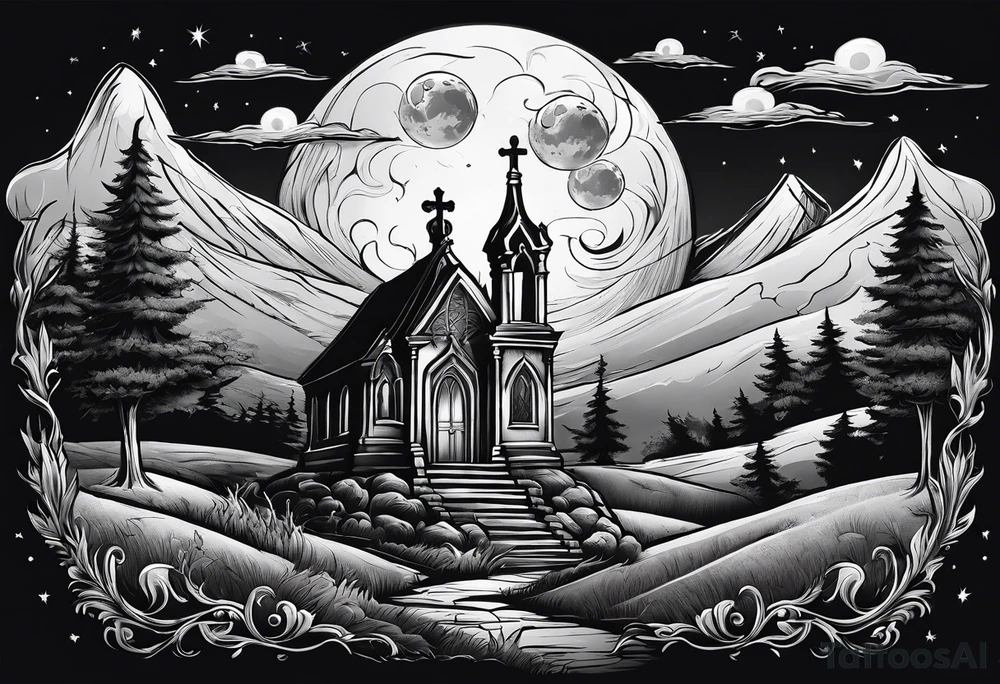 Graveyard with moon and smoke  on hills tattoo idea