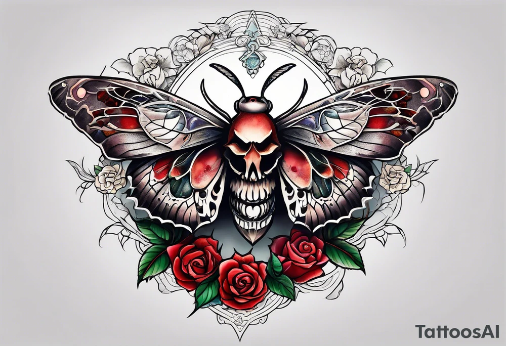 Moth with skull inside it and thorns and roses around it tattoo idea