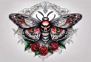 Moth with skull inside it and thorns and roses around it tattoo idea