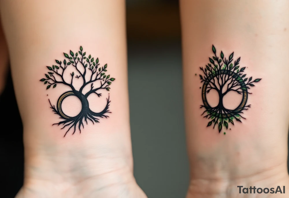 Two matching couples man and women tattoos black tree rings with a splash of green leaves tattoo idea