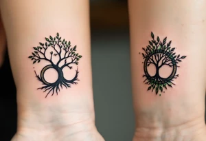 Two matching couples man and women tattoos black tree rings with a splash of green leaves tattoo idea