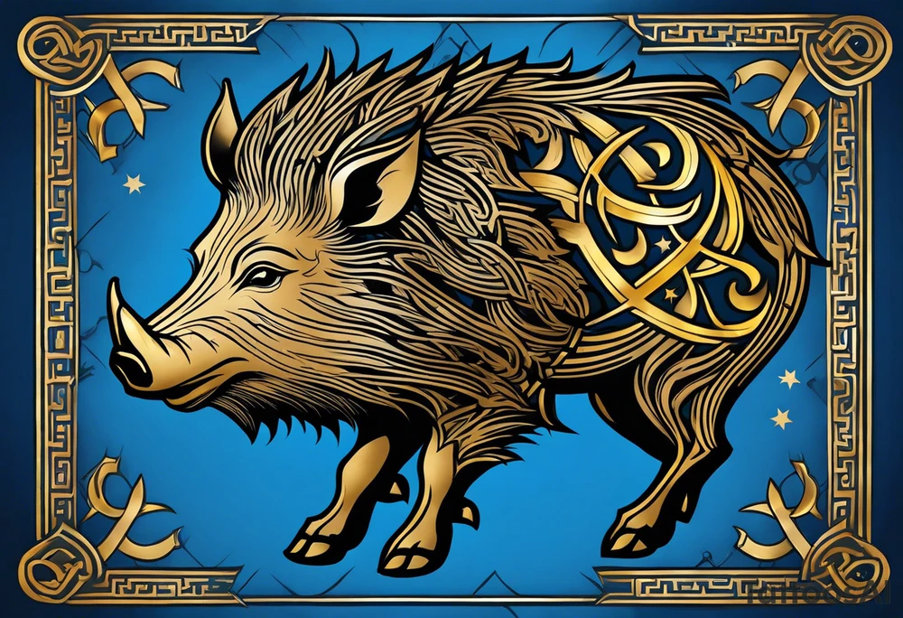 Side profile, Celtic, tribal, wild boar, On a Chatwin family crest with blue background, two gold stars, and a gold Chevron, and a Thistle tattoo idea