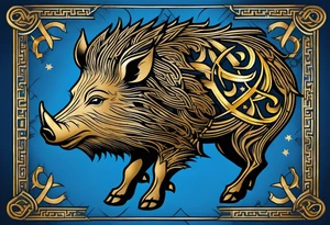 Side profile, Celtic, tribal, wild boar, On a Chatwin family crest with blue background, two gold stars, and a gold Chevron, and a Thistle tattoo idea