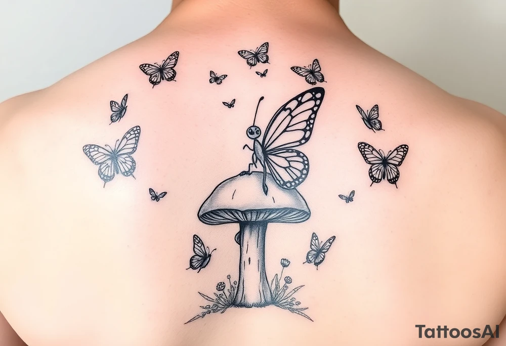 Butterfly fairy sitting on mushroom with butterflies JUSTIN at the top tattoo idea