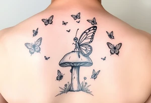 Butterfly fairy sitting on mushroom with butterflies JUSTIN at the top tattoo idea