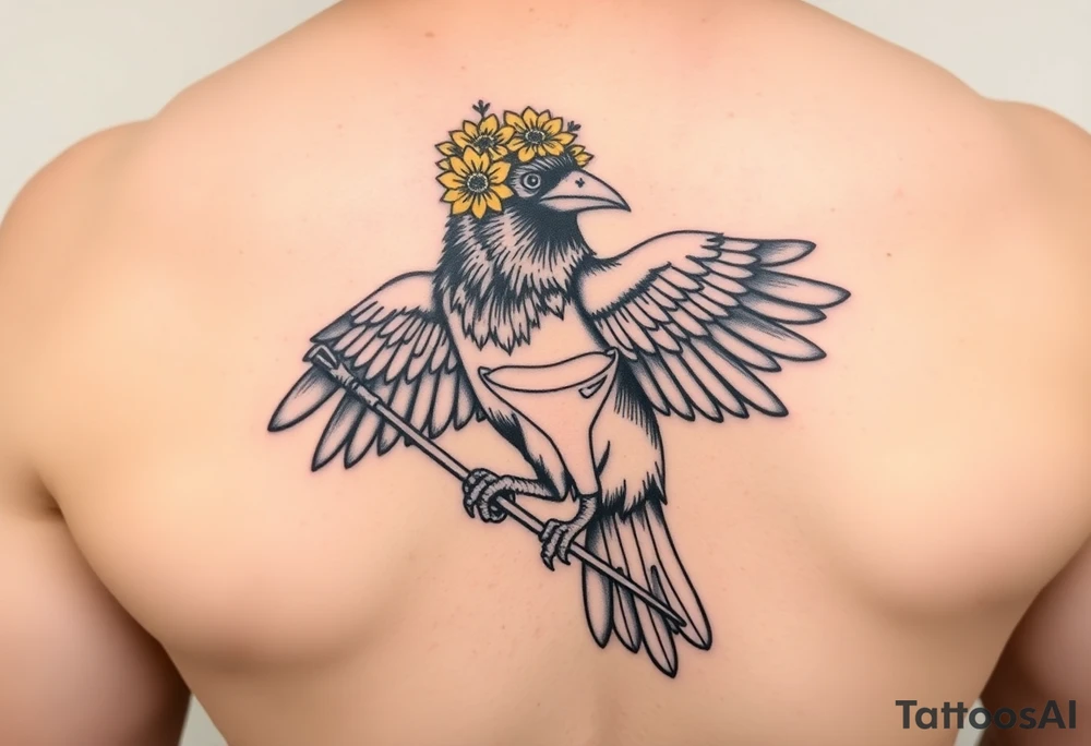 Crow with yellow flower crown, carrying a wand and uterus in its claws tattoo idea