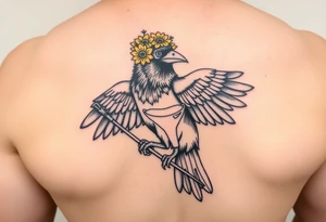 Crow with yellow flower crown, carrying a wand and uterus in its claws tattoo idea