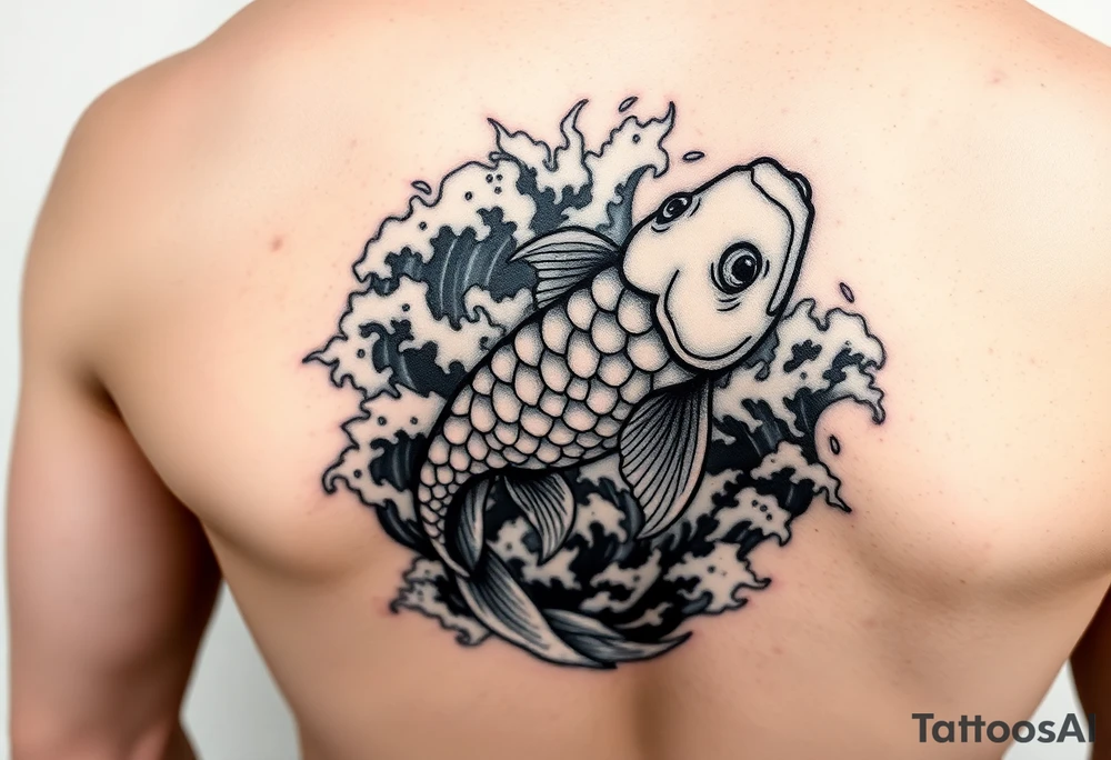 traditional koi fish swimming upstream through turbulent waves tattoo idea