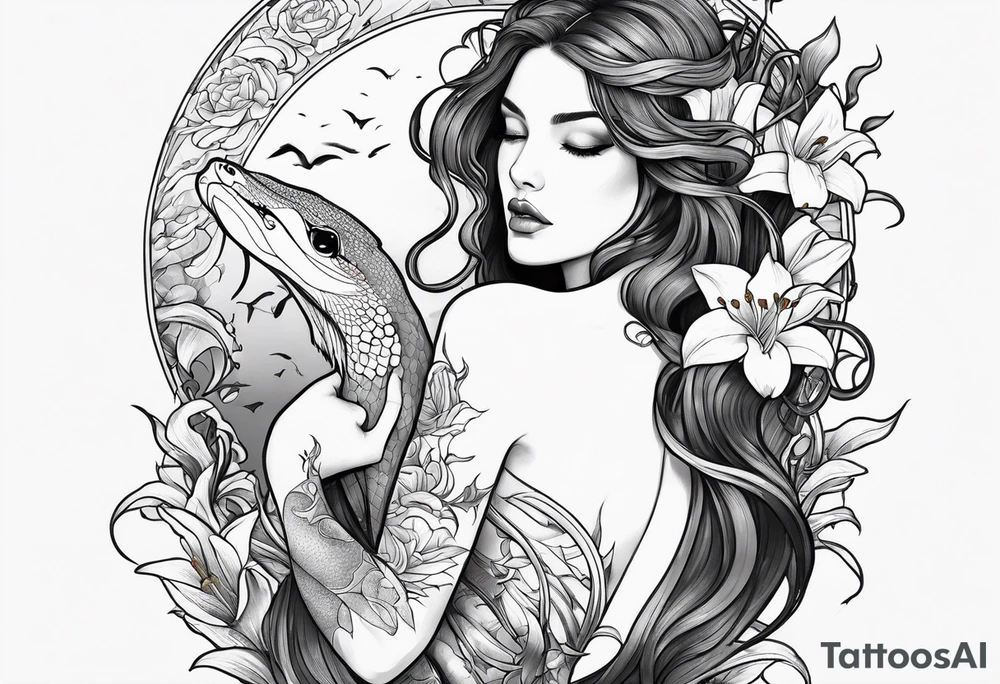 a side view of lilith holding a serpent and surrounded by lilies tattoo idea