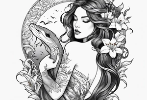 a side view of lilith holding a serpent and surrounded by lilies tattoo idea
