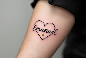 A fine-line heart in black, with the name "Emanuel" scripted inside in a rich gold font, paired with a small, soft yellow star to symbolize guidance. tattoo idea