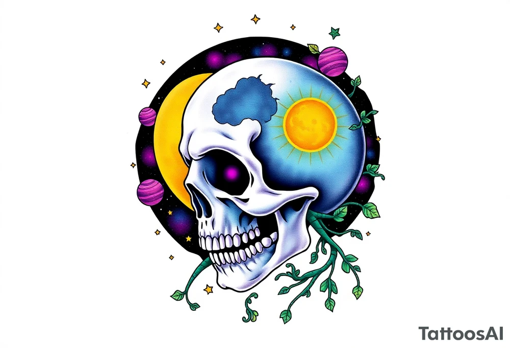 gothic skull as the moon and life as the sun. intertwined with climbing  vines as space dust connecting planets and galaxy in background of skull really bright colors used for the planets and stars shade's of Purple, Blue and black as the backdrop for galaxy tattoo idea
