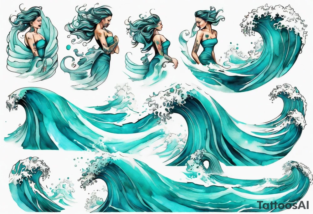 a crashing wave that turns into a turquoise woman tattoo idea