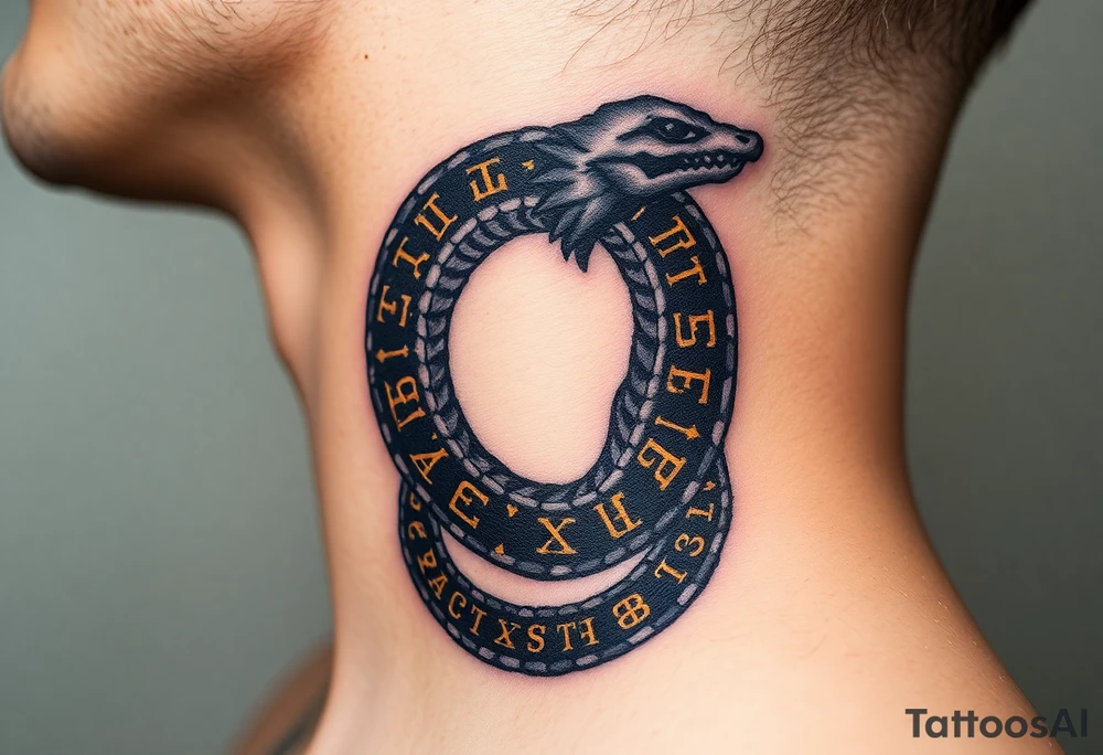 An obsidian black Ouroboros snake forming cyrcle with golden runes carved into its scales, creating a mystical, ancient feel. tattoo idea