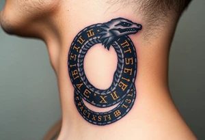An obsidian black Ouroboros snake forming cyrcle with golden runes carved into its scales, creating a mystical, ancient feel. tattoo idea