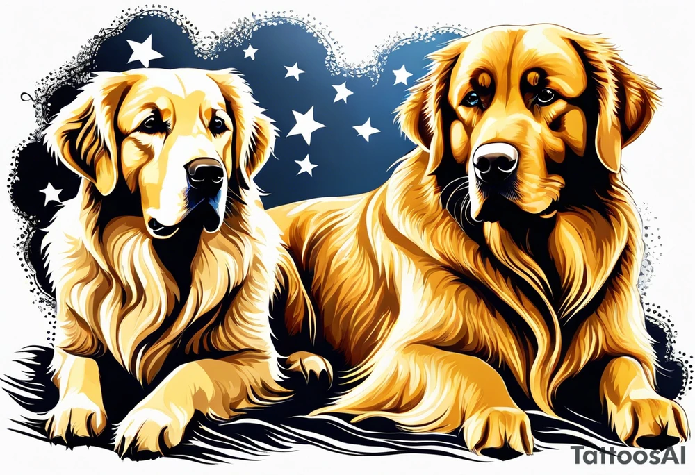 two dogs one is a dark colored golden retriever and the other is a light colored yellow lab. They are happy. tattoo idea